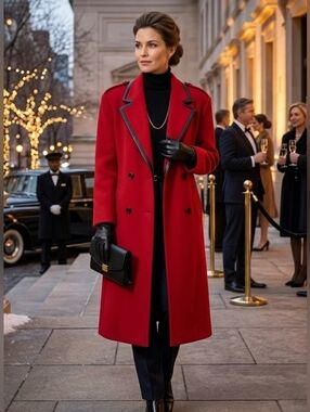 Vintage Red 100% Wool Double-Breasted Maxi Over Coat with Black Trim 6
